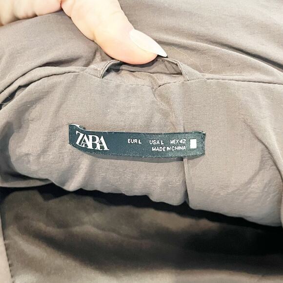 ZARA Zip Up Puffer Jacket Coat Parka Hooded Brown Large - Picture 3 of 12